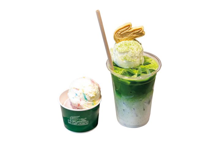 原宿〈Lacoste Harajuku〉限定のライチヨーグルト味のアイスと、抹茶系ドリンク