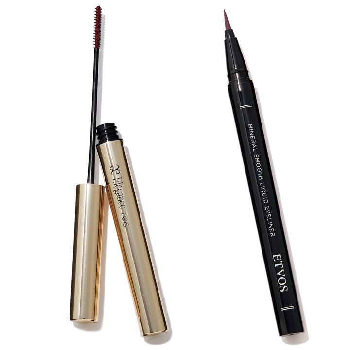 左：Elégance エレガンスカールアメイジング マスカラ PK80, 右：ETVOS エトヴォス ミネラルスムースリキッドアイライナー アメジストプラム