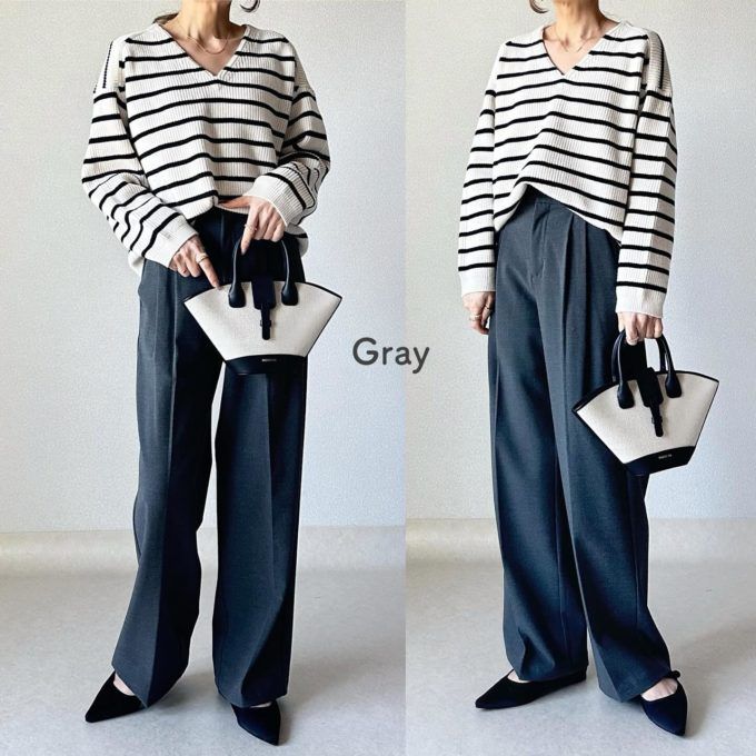 UNIQLO：Cのオフホワイトの「ボーダーVネックショートセーター(長袖)」×タックパンツ