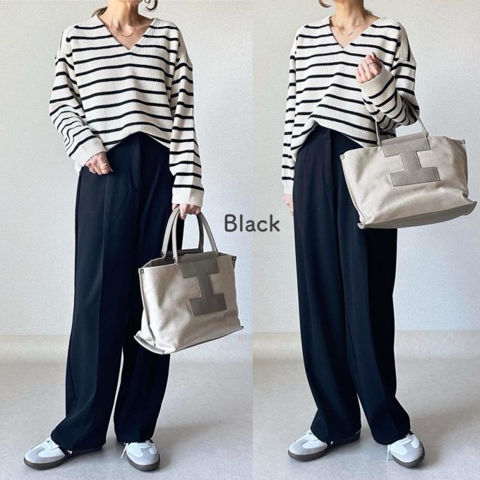 UNIQLO：Cのオフホワイトの「ボーダーVネックショートセーター(長袖)」×タックパンツ