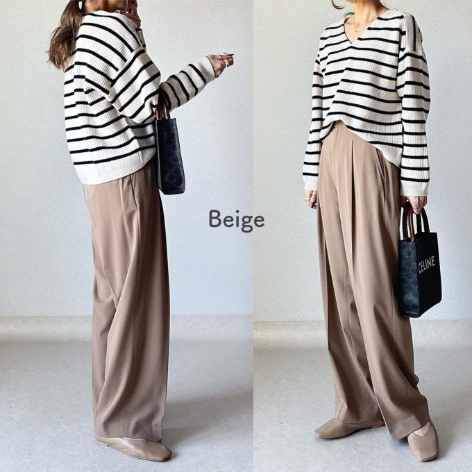 UNIQLO：Cのオフホワイトの「ボーダーVネックショートセーター(長袖)」×タックパンツ