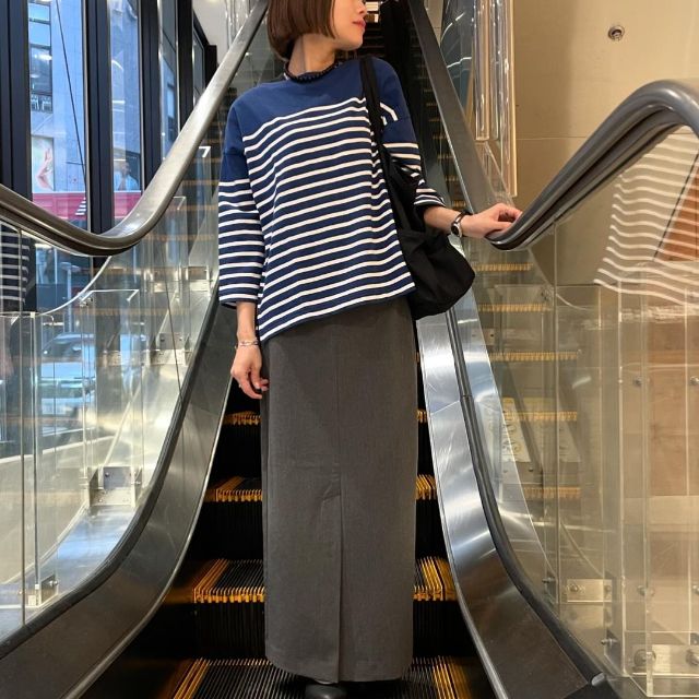 無印良品の婦人ボーダーボートネック七分袖Ｔシャツを使ったコーデ