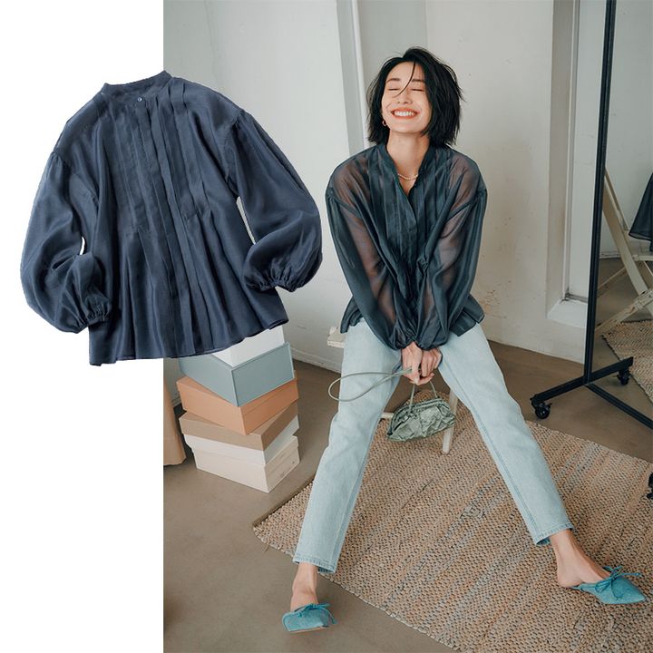 シアートップス ,シースルートップス,透けトップス,ネイビーブラウス,ブラウスコーデ,ルージュヴィフラクレ,神山まりあ