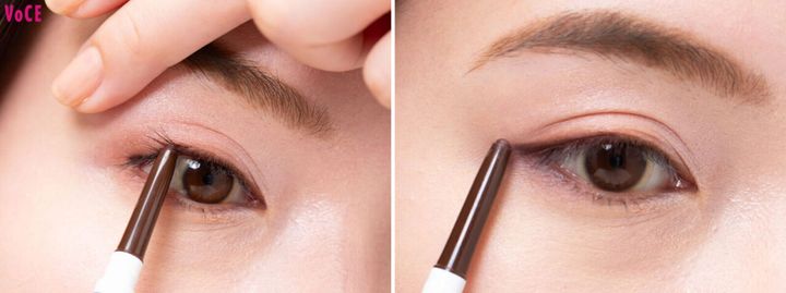 〈３〉アイライナーでまつげとまつげの間を埋めた後、目尻まで少しだけ伸ばす。