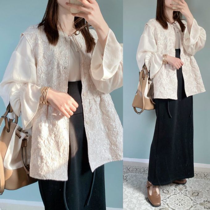 しまむらのベージュの「花柄ペプラムジレ」×ハイウエストナロースカート