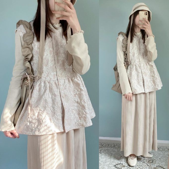 しまむらのベージュの「花柄ペプラムジレ」×リブプリーツナロースカート