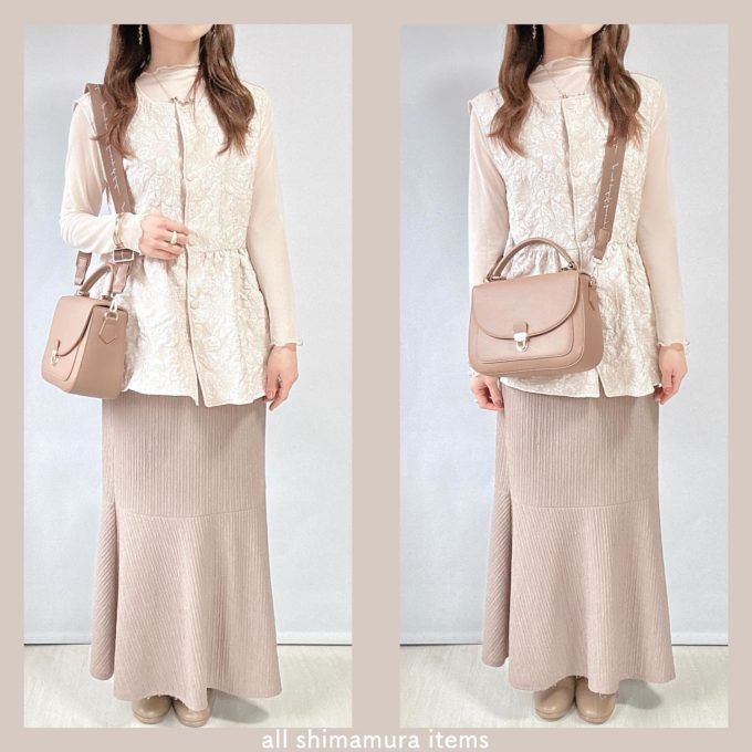 しまむらのベージュの「花柄ペプラムジレ」×リブ切替マーメイドスカート