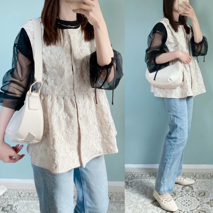 しまむらのベージュの「花柄ペプラムジレ」×デニムパンツ