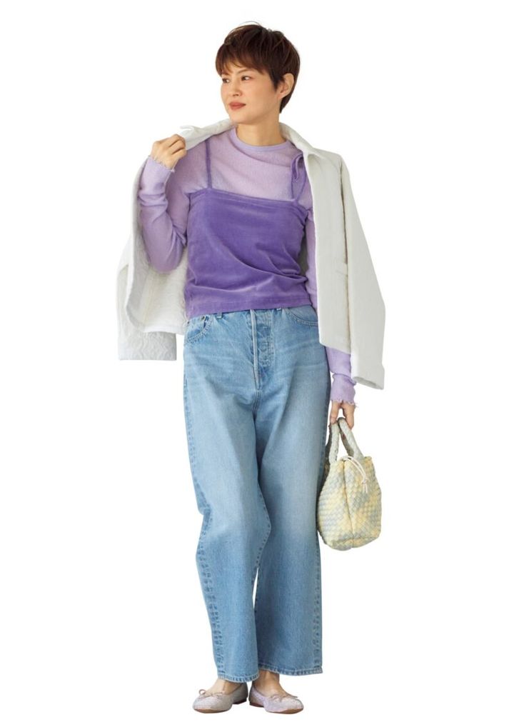 水色デニム ラベンダーコーデ 肌のくすみを払拭