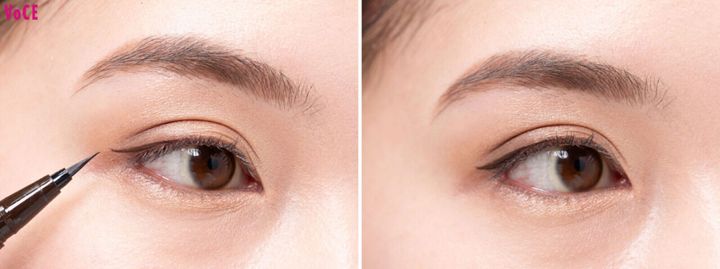 〈３〉アイライナーを黒目の外側から目尻まで少し長めに引く。