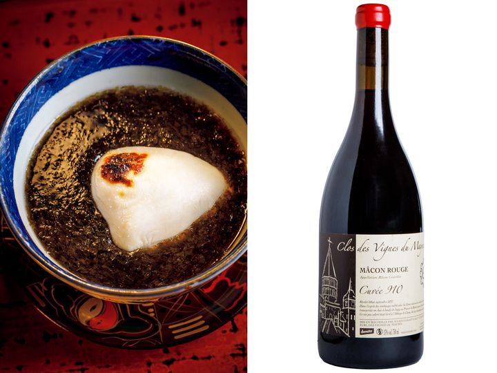 横浜『おか田』の「ふぐ白子と有明海苔の玉地蒸し」と「マコン・ルージュ キュヴェ」