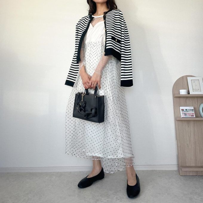 ボーダーカーディガン×しまむらのホワイトの「2WAYドッキングキャミワンピース」