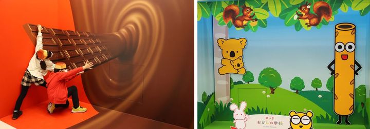 ガーナチョコレートのトリックアート（左）、コアラのマーチやトッポなども（右）