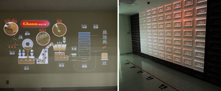 ガーナの製造工程を映像のイラストで。摩砕、混合、調温、充填、冷却、型抜、梱包などの工程を説明しています。おいしそうなガーナの映像が目の前に。手前に足のマークがありますが…