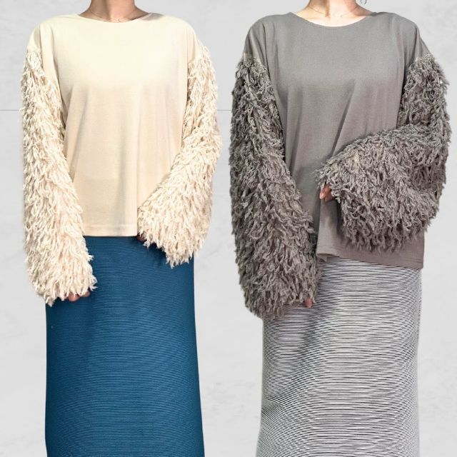 フリンジ袖切替プルオーバーを着用したコーデ2体