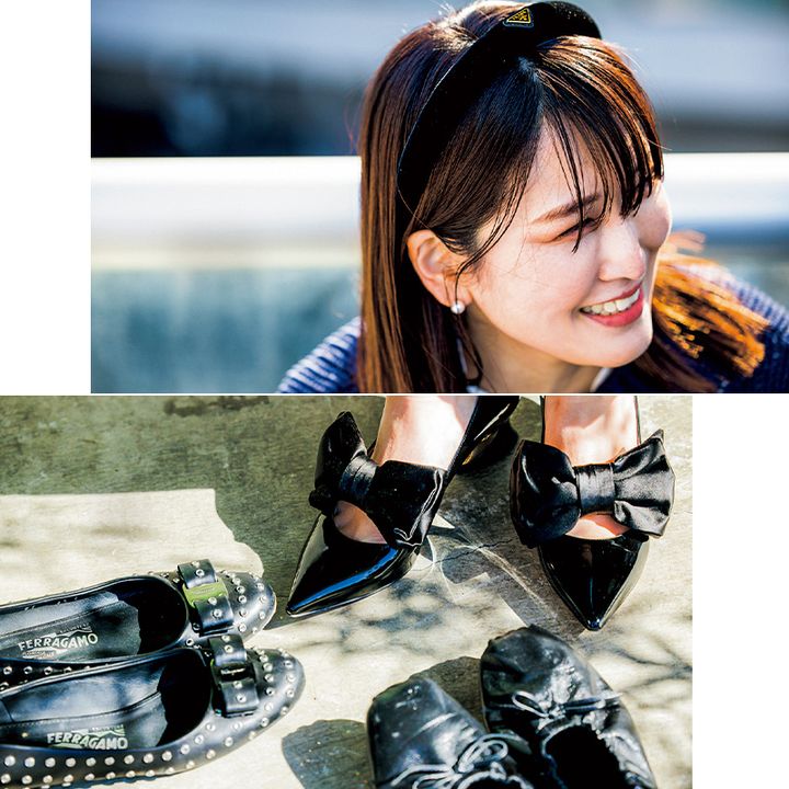 プラダ、カチューシャ,黒フラットシューズ