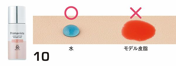 10：プリマヴィスタ／水：◯、モデル皮脂：×（はじき具合）