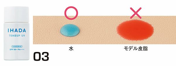 03：イハダ／水：◯、モデル皮脂：×（はじき具合）