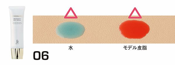 06：カバーマーク／水：△、モデル皮脂：△（はじき具合）