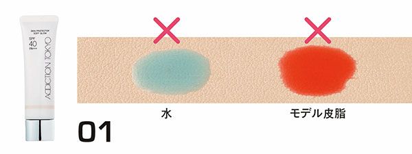 01：アディクション／水：×、モデル皮脂：×（はじき具合）