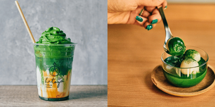 左から「抹茶ラテ壱（泡抹茶・黒糖トッピング）」1100円、「浅草プリン（白玉トッピング）」750円