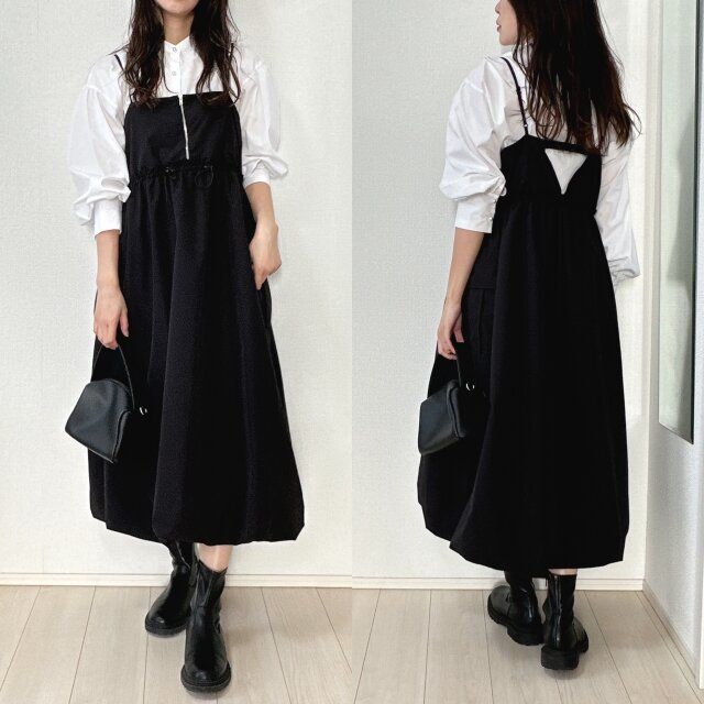 しまむらカーゴバルーンキャミワンピースと白ブラウスコーデ