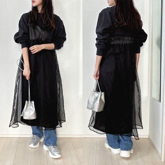 しまむらドッキングキャミワンピースとスウェットとデニムコーデ