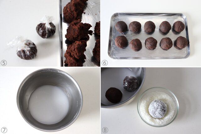 ひとくちココナッツボールケーキ レシピ 成型してアイシング、ココナッツをまぶす