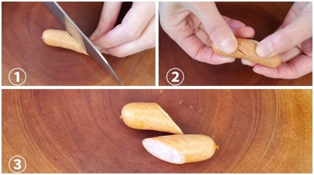 野菜たっぷり・豆乳カレークリーム煮 レシピ ポークウィンナーに切り込みを入れる