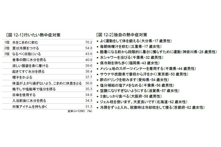 図12-1：行いたい熱中症対策／図12-2：独自の熱中症対策