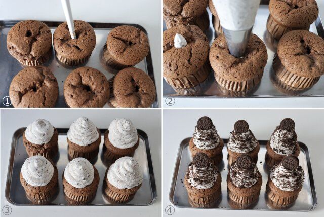 濃厚クッキークリームカップケーキ レシピ オレオクリームを絞りオレオをトッピングする