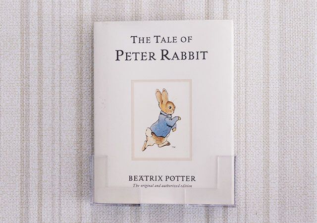 セリアのL字ラッククリア2P ピン付きに絵本を飾る様子