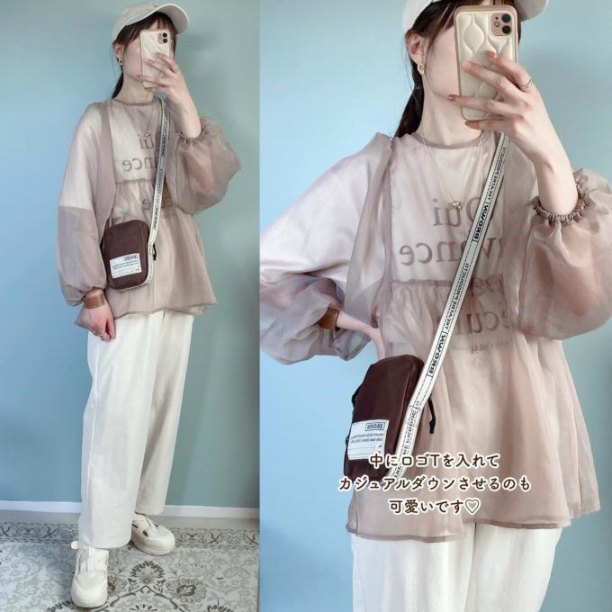 しまむらのブラウンの「シアーバックリボンプルオーバー」×パンツ