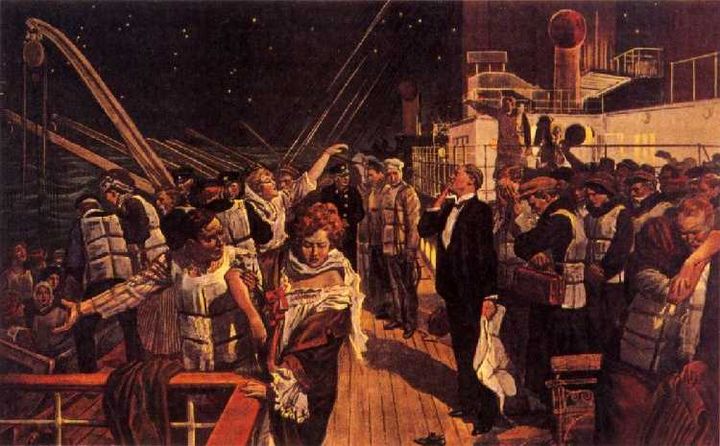 タイタニック号が沈没する直前の船上を描いた絵（製作者は不明）