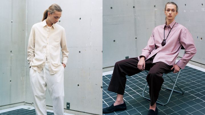 〈アワー レガシー〉のシャツ、〈コモリ〉のパンツ、〈ジョン ロブ〉のシューズ、〈ザ・ロウ〉のシャツ、〈ジョンロブ〉のシューズ、〈ルメール〉のネックレス