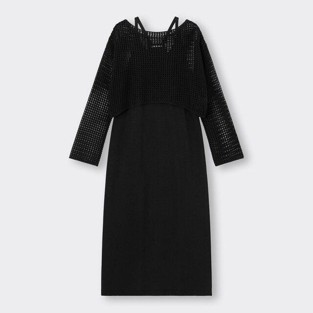 D&G ワンピース 黒 着画あり シースルー刺繍トップ ハイウエスト膝丈タイト 七分袖ワンピース 黒