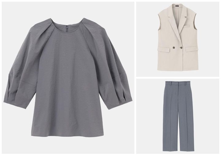 画像: 【プラステ】左：ハイストレッチナイロンランタンスリーブブラウス（マシンウォッシャブル/接触冷感/はっ水）¥8,990、右上：リネンブレンドテーラードジレ（マシンウォッシャブル/UVカット） ¥17,000、右下：プレミアムオックスストレートパンツ（マシンウォッシャブル/UVカット/吸汗速乾）¥11,000 www.plst.com