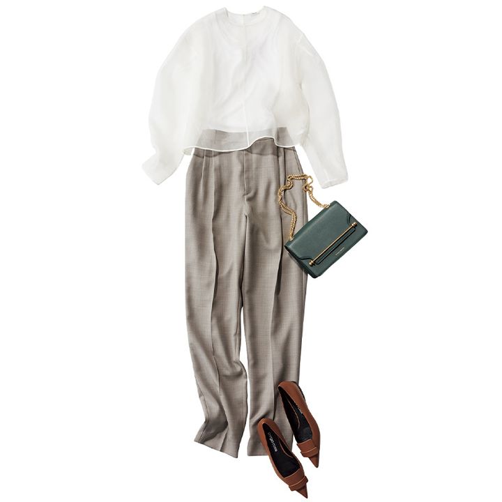 グレーパンツコーデ,シアーブラウスコーデ