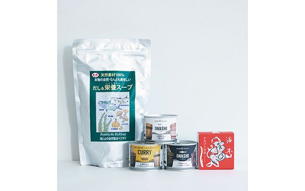 海木 ほのじのおあげの缶詰、高木商店のイワシの缶詰、お湯を注ぐだけの千年前の食品舎のだし＆栄養スープ・ペプチド