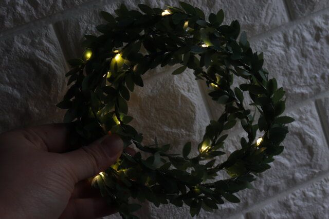 ダイソーのガーランドライト（20LED、グリーン、USBタイプ）を点灯した様子