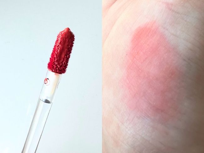 『デューイグラス リップティント』左：アプリケーター形状・右：塗布してすぐティッシュオフした際の色持ち具合