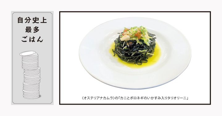 伊藤 郁の自分史上最多ごはん：〈オステリアナカムラ〉の「カニとポロネギのいかすみ入りタリオリーニ」
