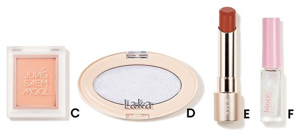 【C】ジョンセンムル カラーピース アイ ブレンダーヌード サーモンヌード【D】Laka ドリームビームハイライター【E】デューイーメルト リップカラー【F】グロウアップネイルカラー 