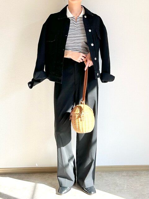 GUスキッパーポロのボーダーのモノトーンコーデ