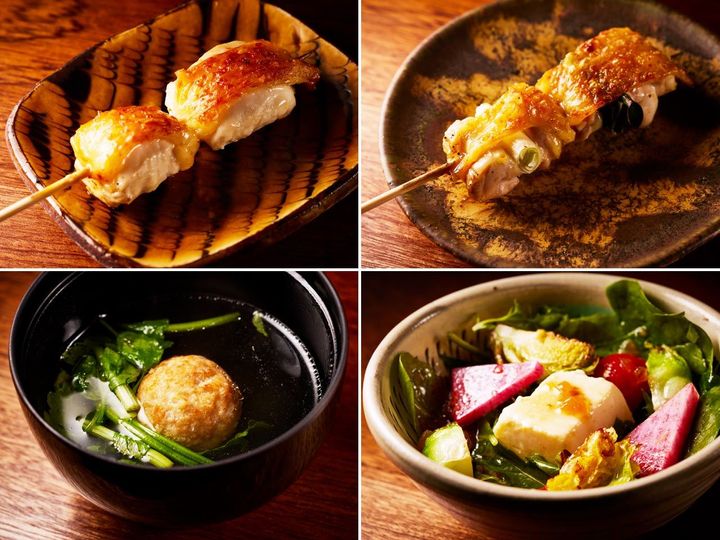 下北沢『下北沢 焼とりダービー』の「抱き身（ムネ）」、「ねぎま」、「季節野菜と豆腐のサラダ」、「椀物」