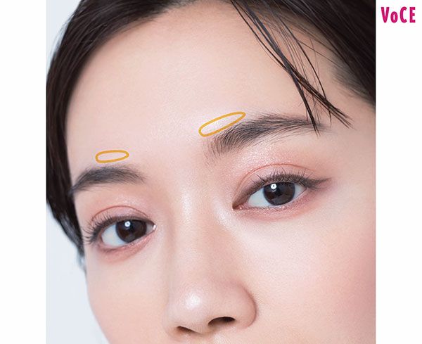 眉頭の上、眉頭から眉の中間まで