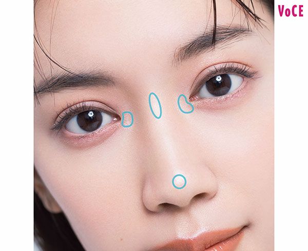 目頭の内側と鼻根と鼻先だけ