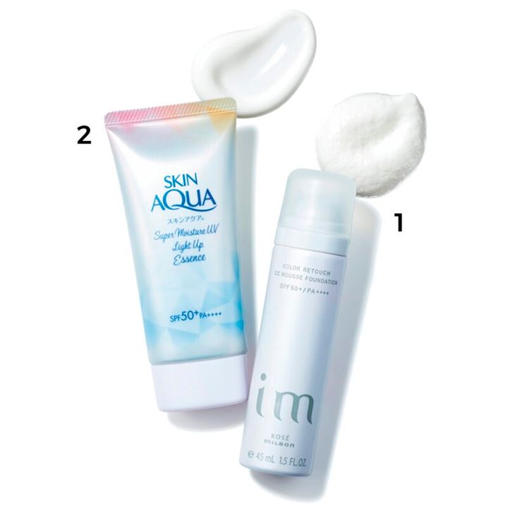 1_アイエム カラーレタッチ CCムース ファンデーション ルーセントホワイト SPF50+・PA++++ 50g ￥2,970〈美容室専売品〉（コーセー ミルボン コスメティクス） 2_ギスキンアクア スーパーモイスチャーUVライトアップエッセンス SPF50+・PA++++ 70g ￥814（ロート製薬）