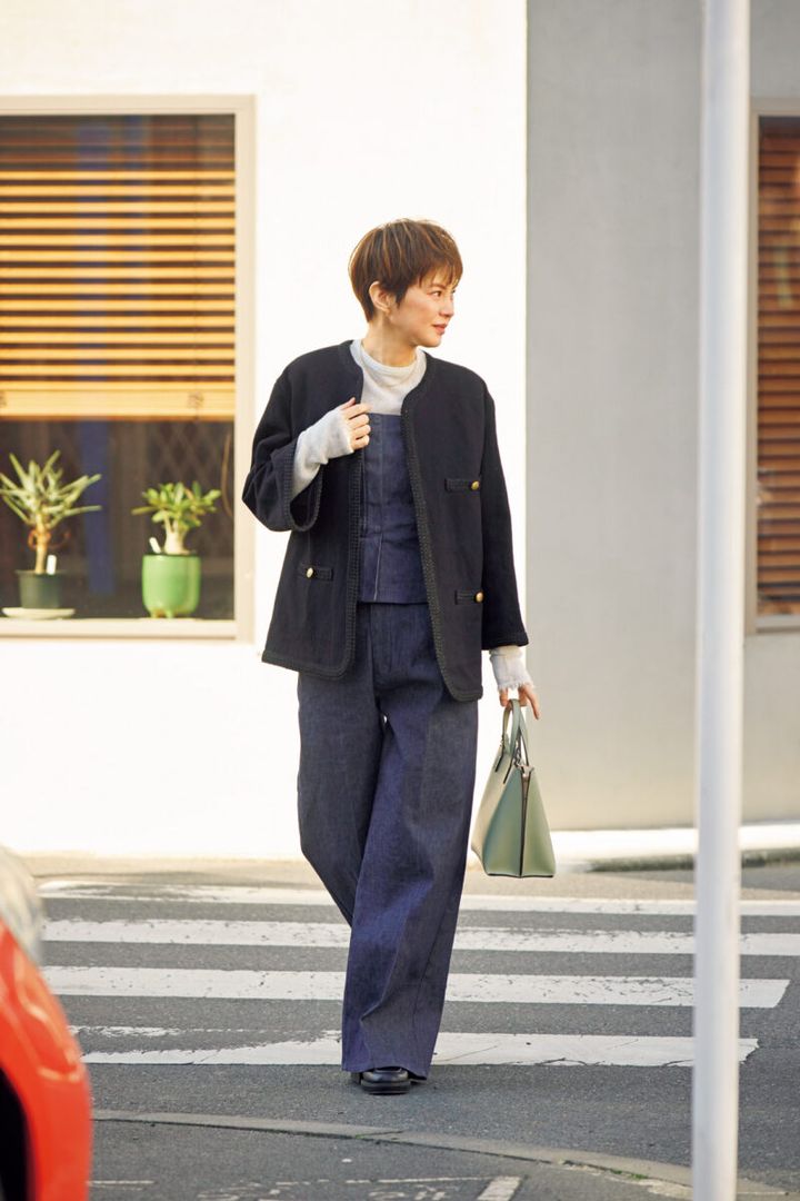インディゴデニム 通勤コーデ ビスチェとセットアップ