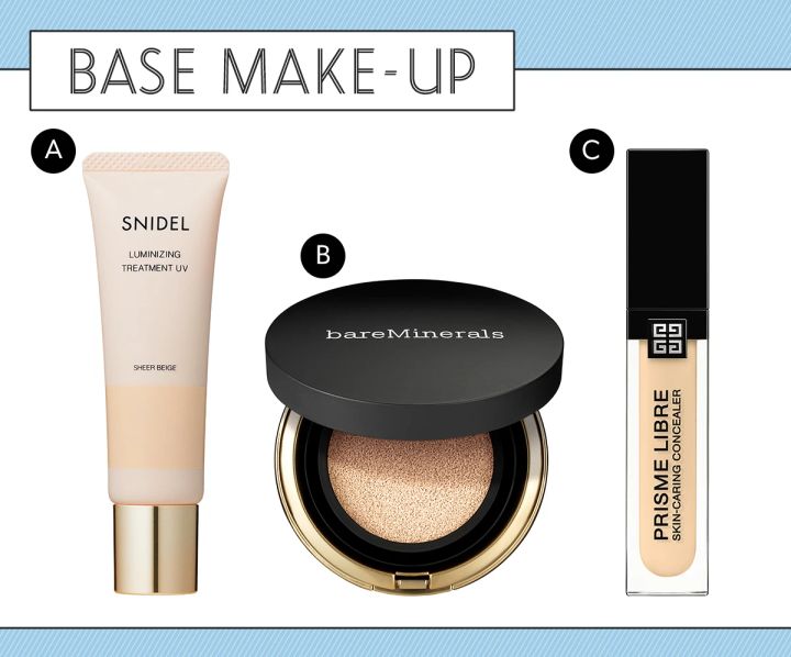 4.素のパーツを最大限に活かした「韓国アイドル風メイク」_使用したコスメ＆韓国風メイクのやり方・ポイント_Aルミナイジング トリートメント UV 01 SPF50・PA＋＋＋＋ ￥3630／スナイデル ビューティ_Bオリジナル ピュア セラム カバーアップ クッション 01 SPF40・PA＋＋＋＋ ￥6820／ベアミネラル_Cプリズム・リーブル・スキンケアリング・コンシーラー N95 ￥4620／パルファム ジバンシイ